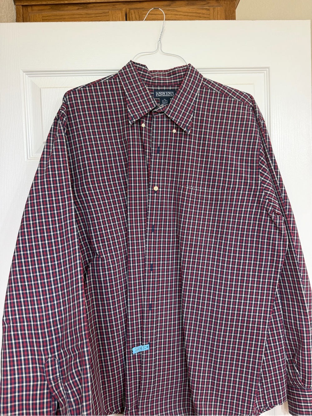 Lands' End Men's Burgundy and Navy Check Button-Down Shirt